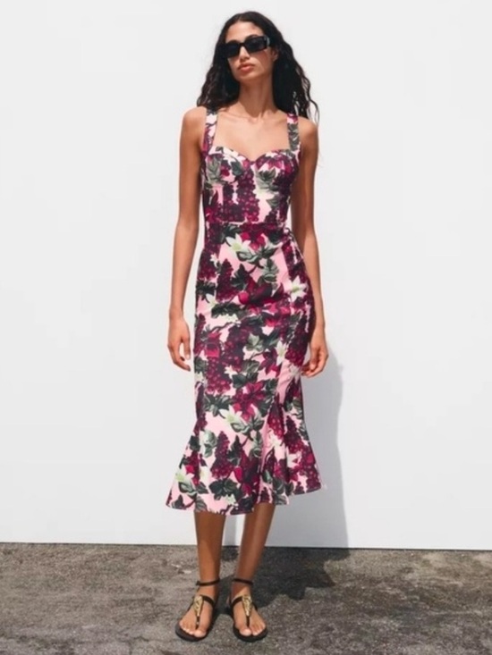 Zara Dresses & Skirts - Zara Godet Pink & Purple Floral Midi Dress